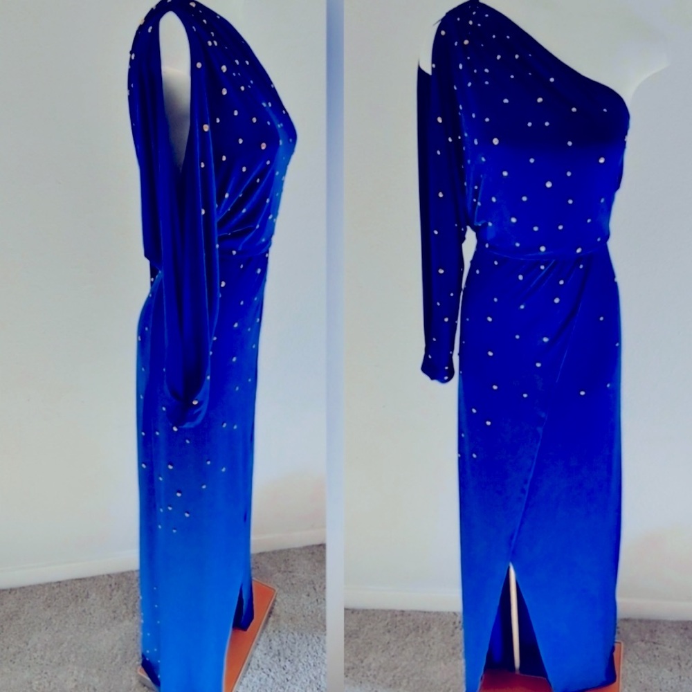 Halston Heritage Studded One Shoulder Royal Blue Dress